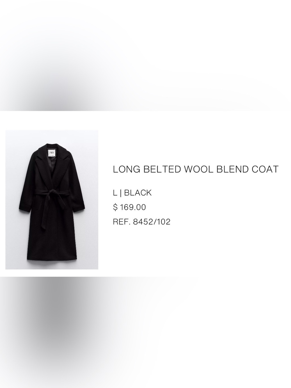 Zara Long Belted Wool Blend Coat – Black, Size L - Picture 10 of 12